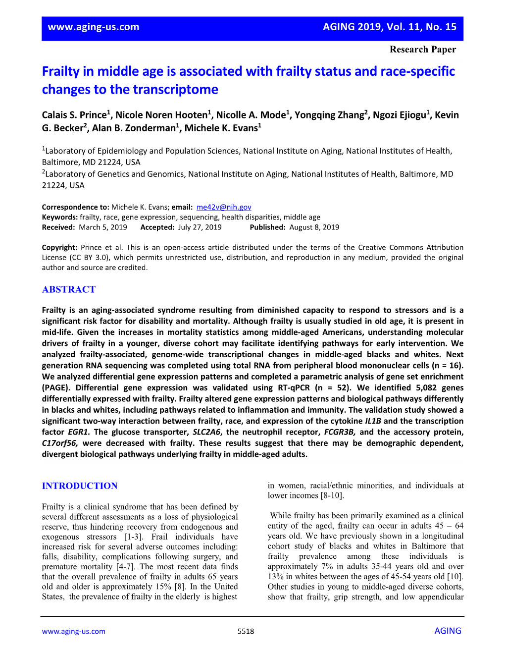 Frailty in Middle Age Is Associated with Frailty Status and Race-Specific Changes to the Transcriptome