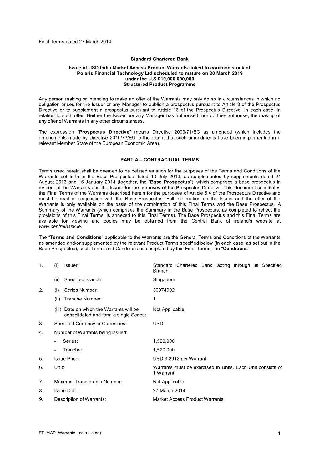 Form of Final Terms of Market Access Product Warrants