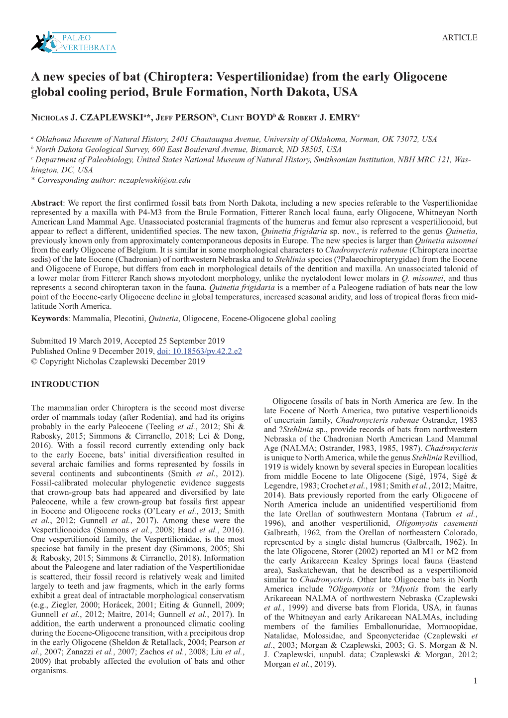 A New Species of Bat (Chiroptera: Vespertilionidae) from the Early Oligocene Global Cooling Period, Brule Formation, North Dakota, USA