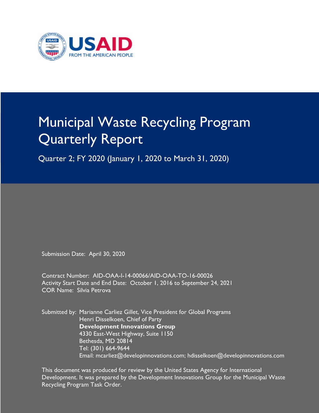 Municipal Waste Recycling Program Quarterly Report Quarter 2; FY 2020 (January 1, 2020 to March 31, 2020)