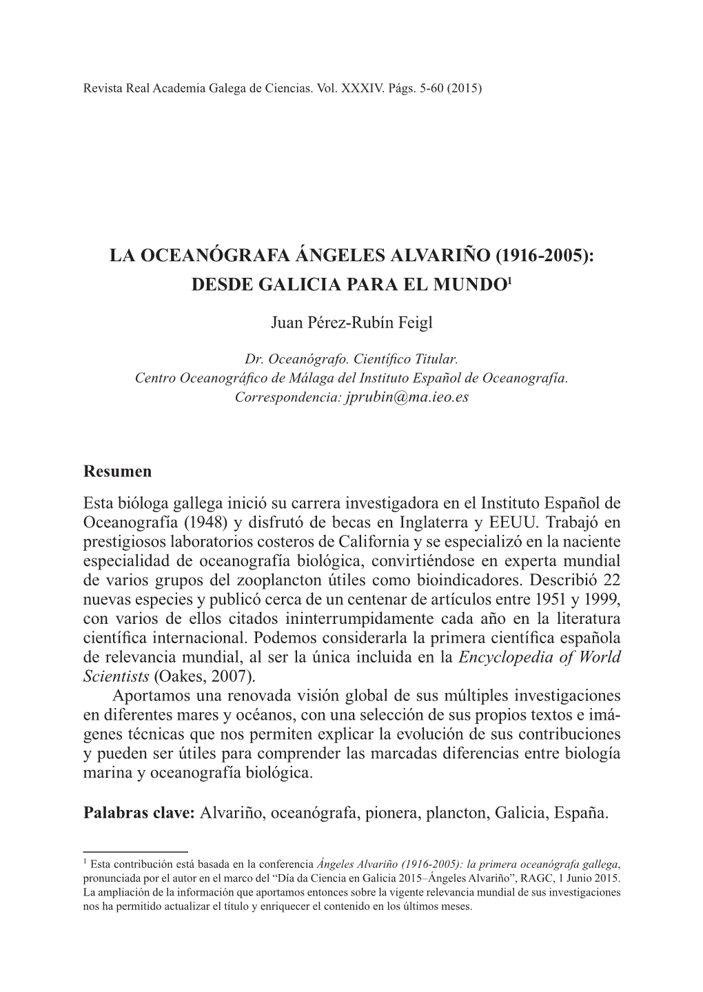 La Oceanógrafa Ángeles Alvariño (1916-2005): Desde Galicia Para El Mundo1