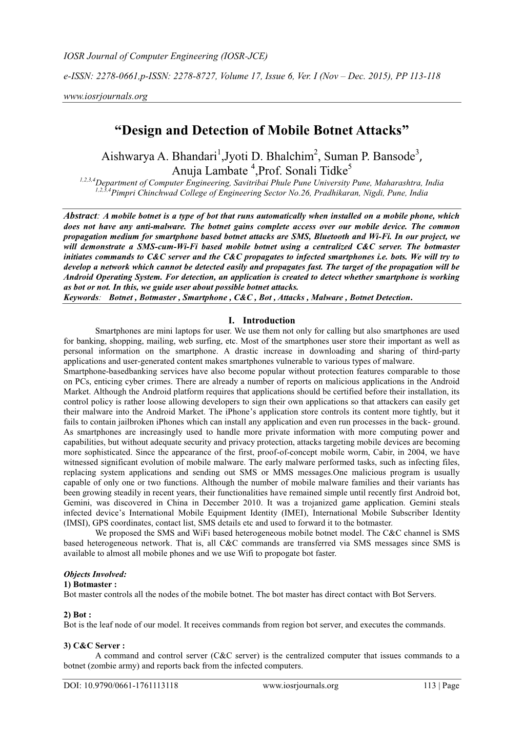 “Design and Detection of Mobile Botnet Attacks”