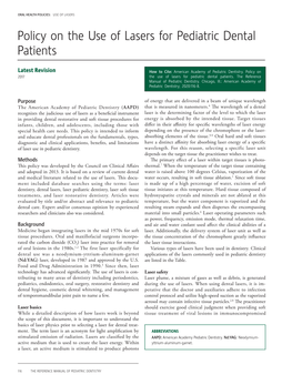 Policy on the Use of Lasers for Pediatric Dental Patients