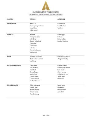 Reminder List of Productions Eligible for the 92Nd Academy Awards
