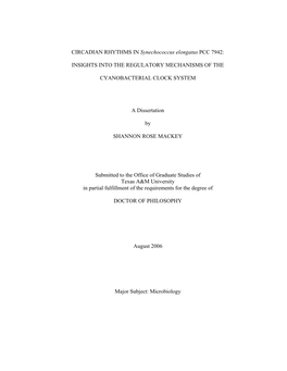 CIRCADIAN RHYTHMS in Synechococcus Elongatus PCC 7942