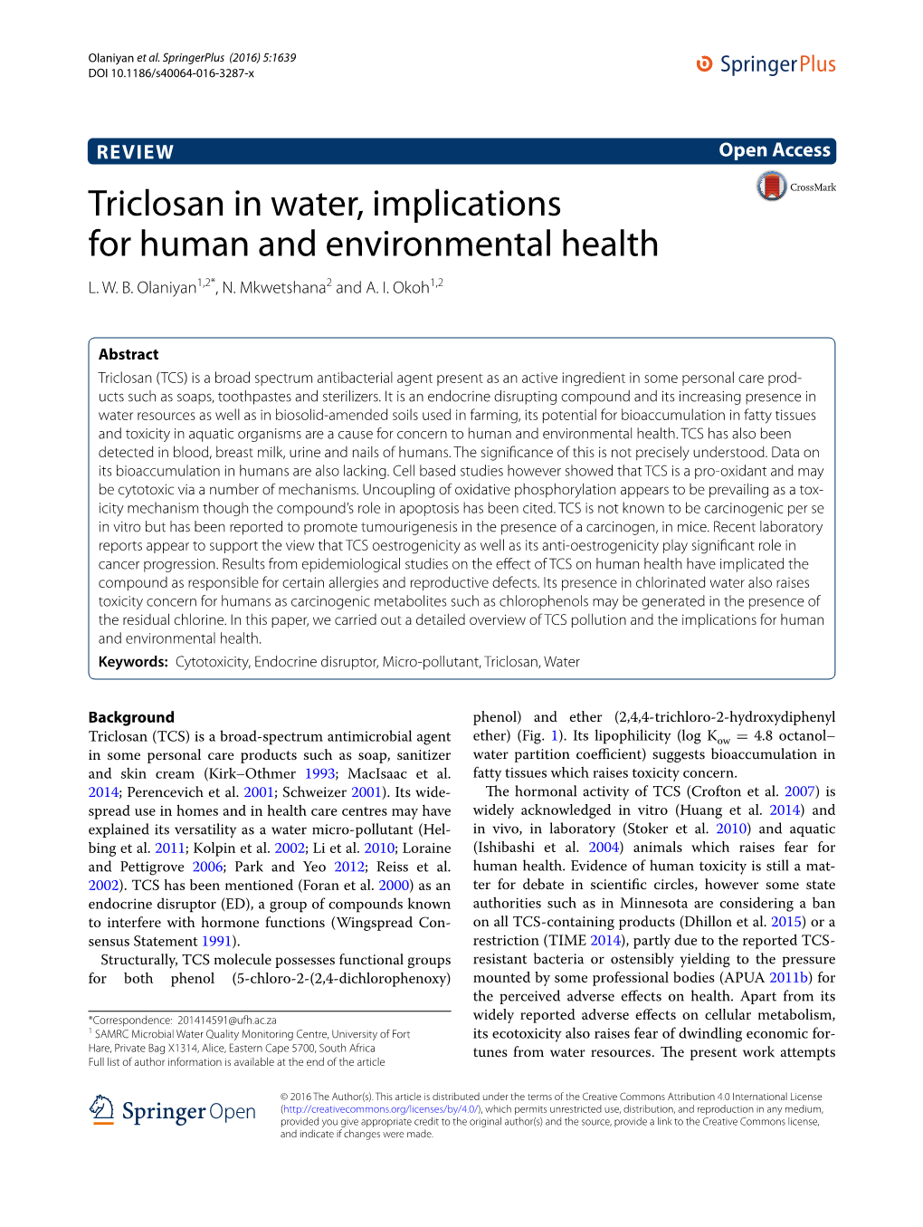 Triclosan in Water, Implications for Human and Environmental Health L