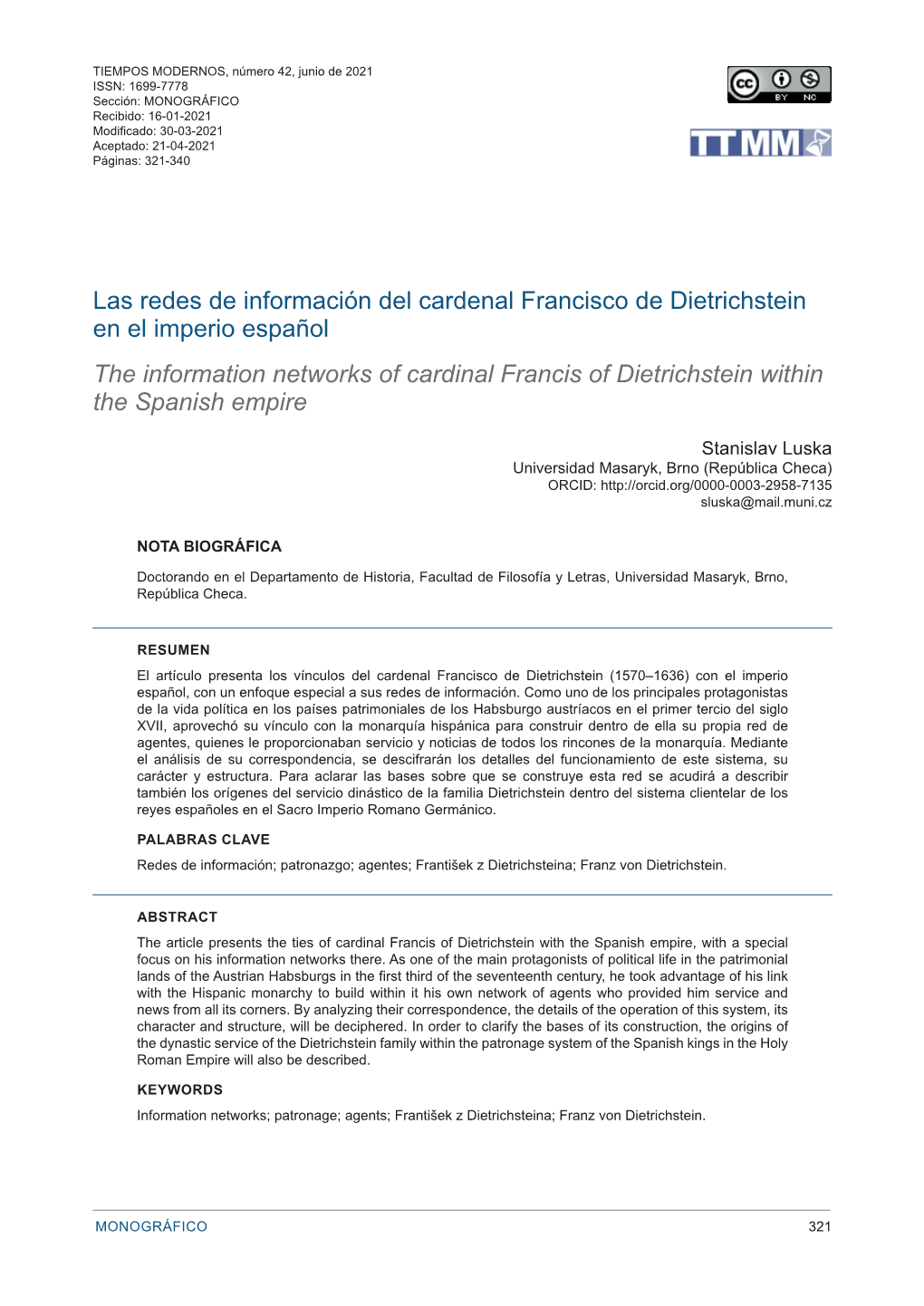 Las Redes De Información Del Cardenal Francisco De Dietrichstein En El