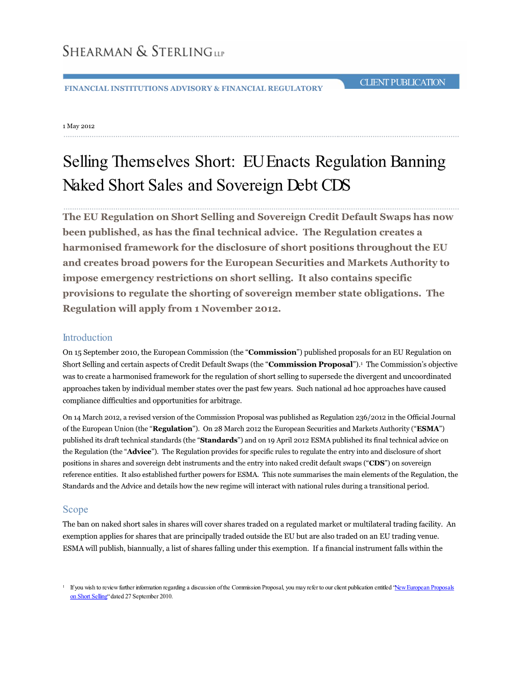 EU Enacts Regulation Banning Naked Short Sales and Sovereign Debt CDS