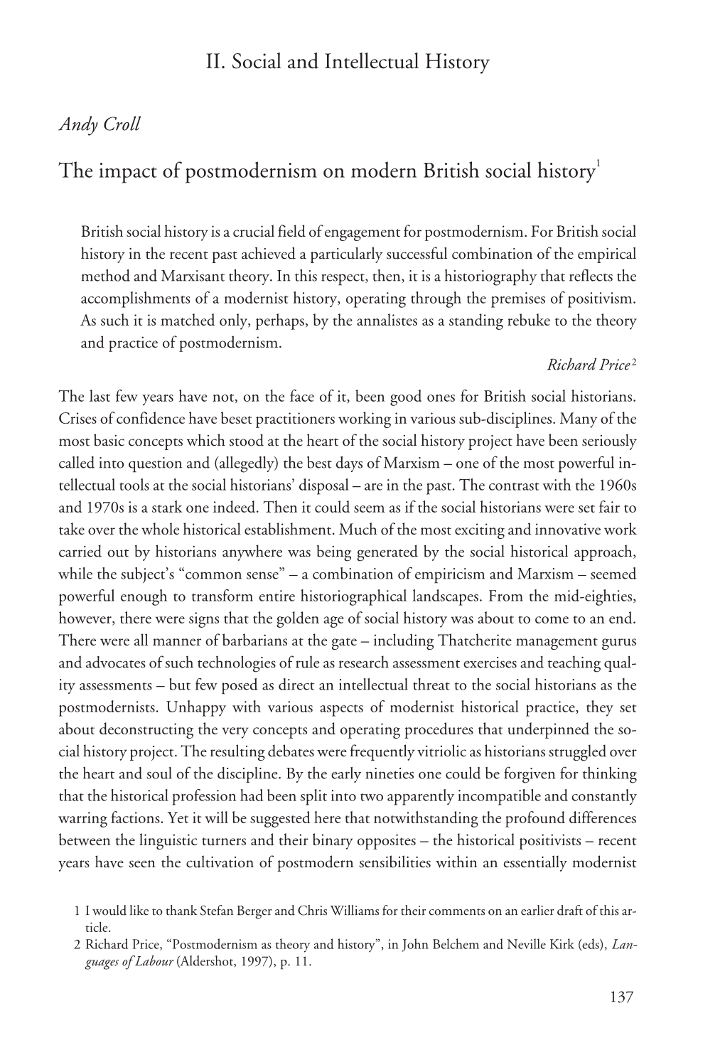 II. Social and Intellectual History the Impact of Postmodernism on Modern British Social History1