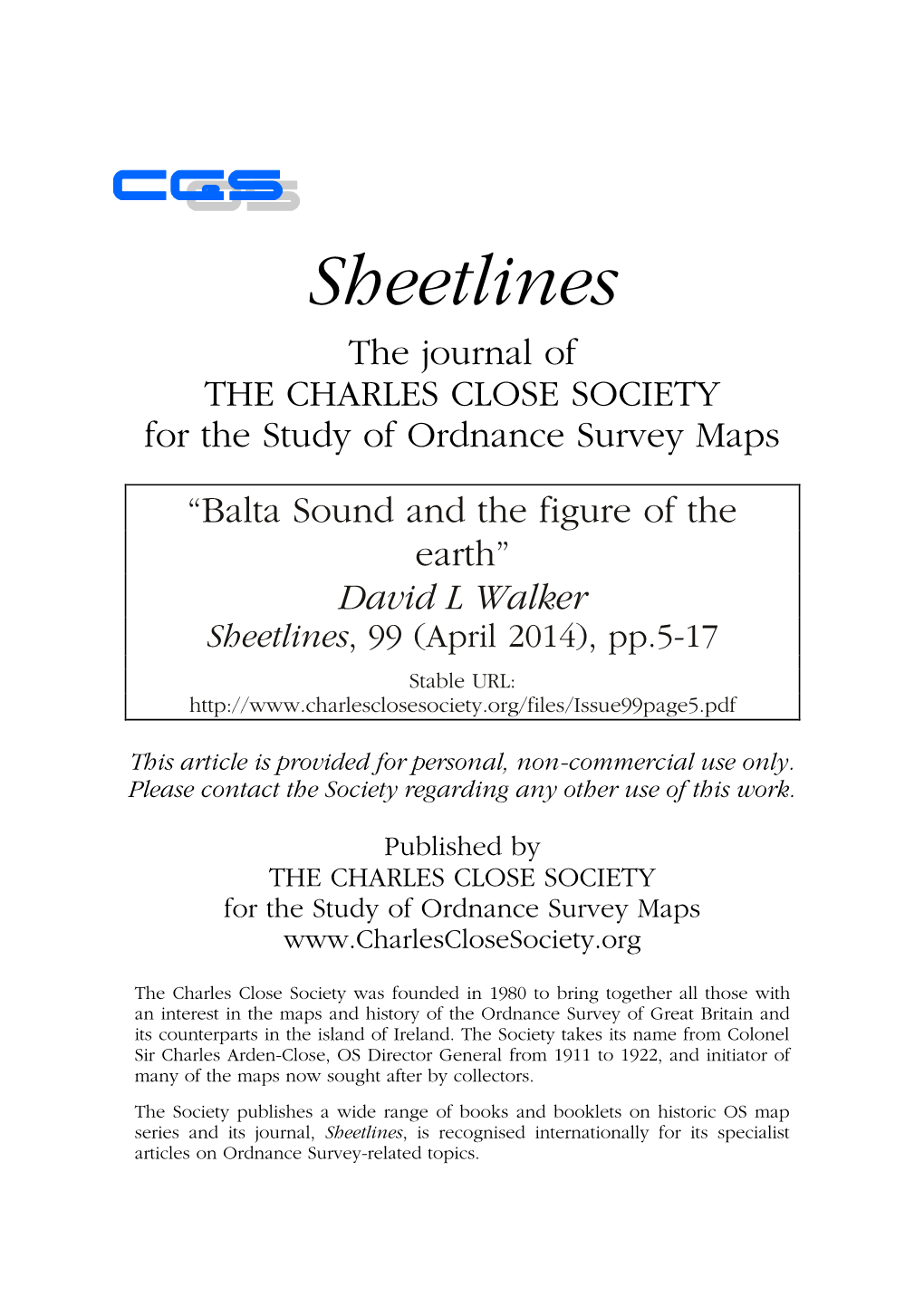 Balta Sound and the Figure of the Earth” David L Walker Sheetlines, 99 (April 2014), Pp.5-17 Stable URL