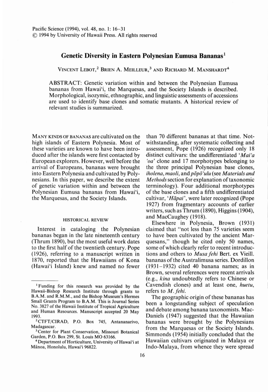 Genetic Diversity in Eastern Polynesian Eumusa Bananas1