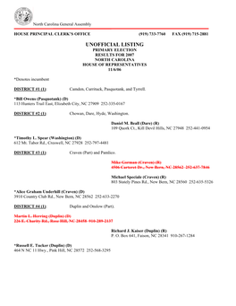 Unofficial Listing Primary Election Results for 2007 North Carolina House of Representatives 11/6/06