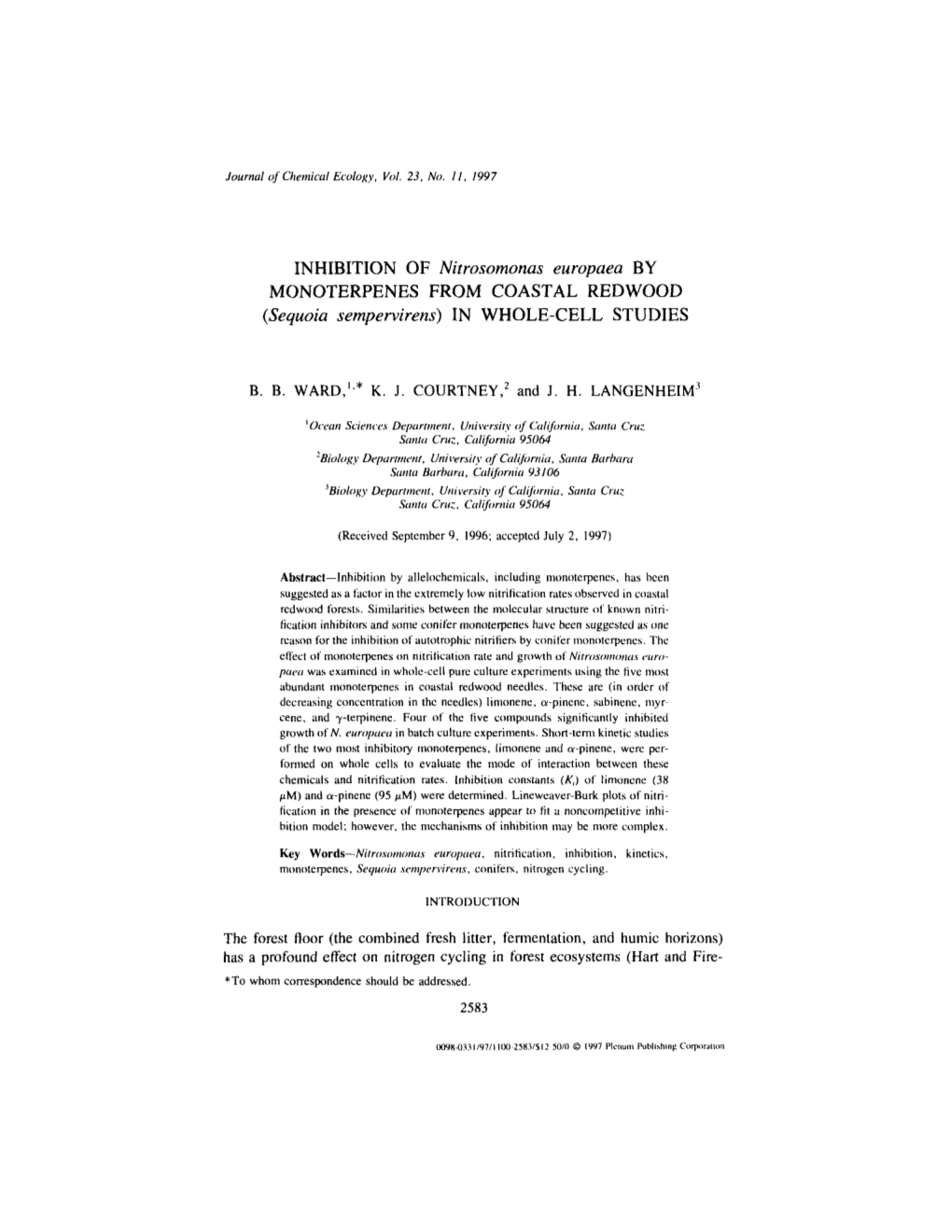 BY MONOTERPENES from COASTAL REDWOOD (Sequoia Sempervirens) in WHOLE-CELL STUDIES