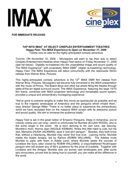 1 for Immediate Release Tap Into Imax at Select Cineplex
