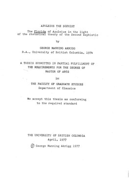 APULEIUS the SOPHIST the Florida of Apuleius in the Light of the Rhetorical Theory of the Second Sophist