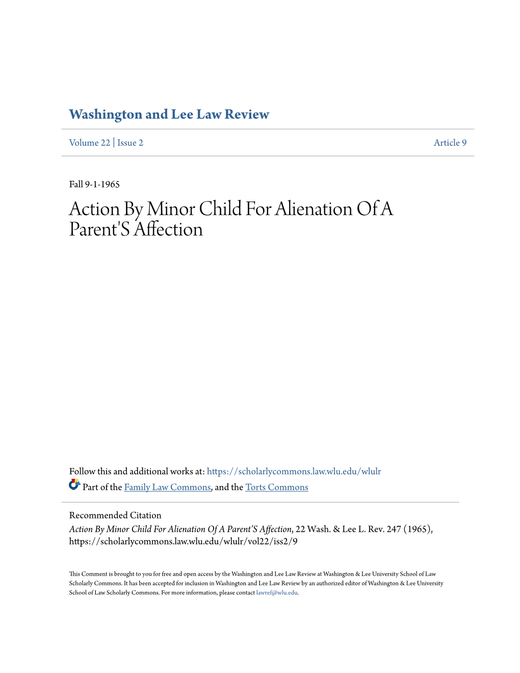 Action by Minor Child for Alienation of a Parent's Affection