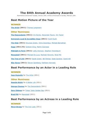 The 84Th Annual Academy Awards Nominations Announced Tuesday, January 24Th; Winners Announced on Sunday, February 26Th