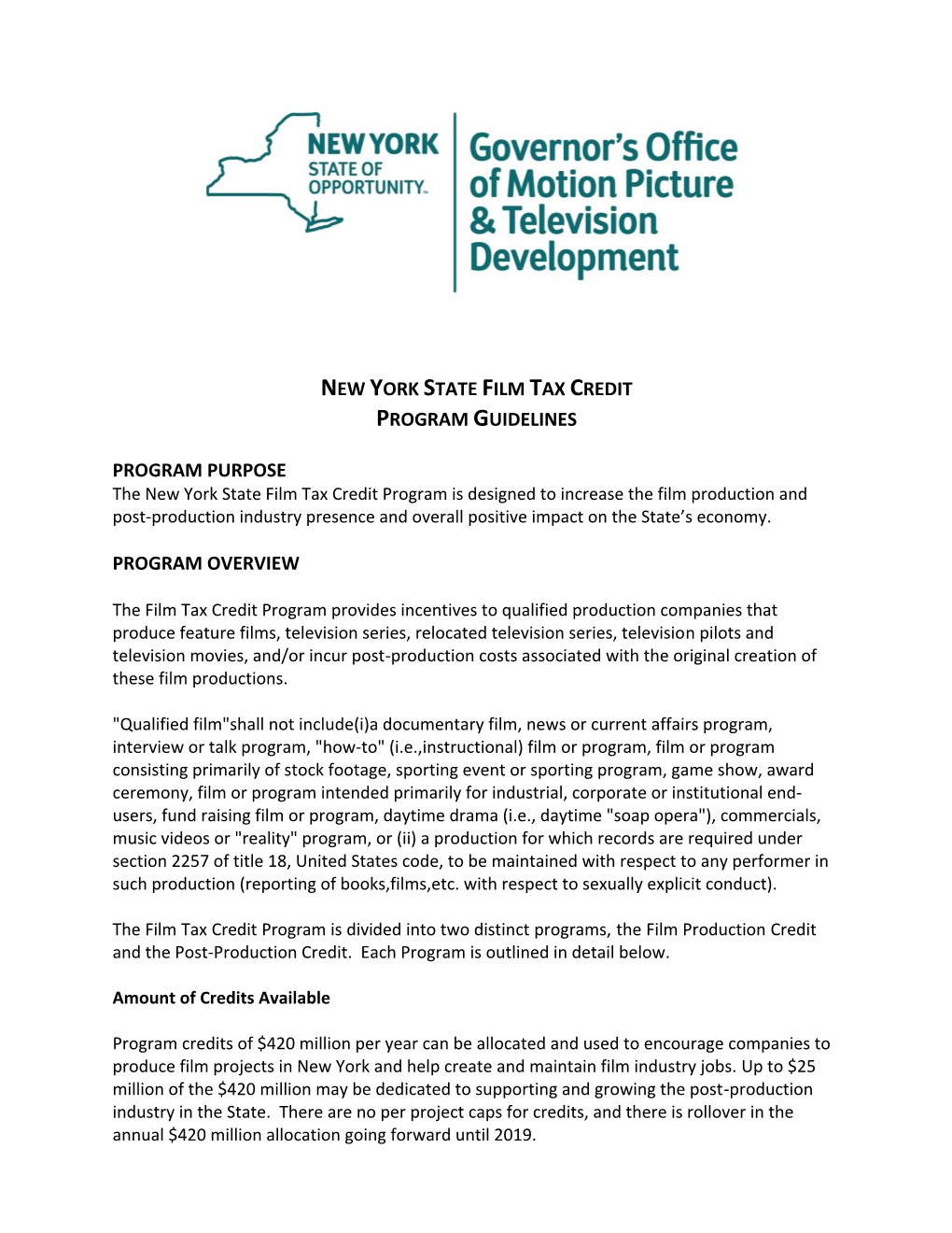 New York State Film Tax Credit Program Guidelines