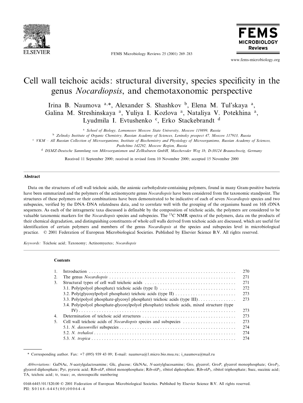 Cell Wall Teichoic Acids: Structural Diversity, Species Speci¢City in the Genus Nocardiopsis, and Chemotaxonomic Perspective