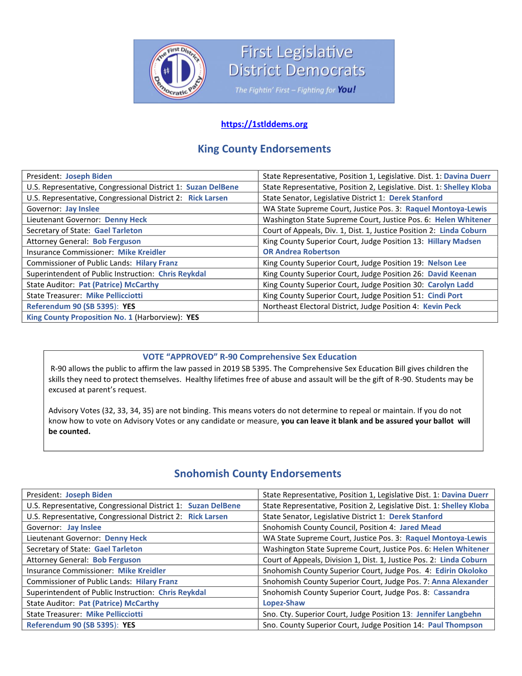 King County Endorsements Snohomish County Endorsements