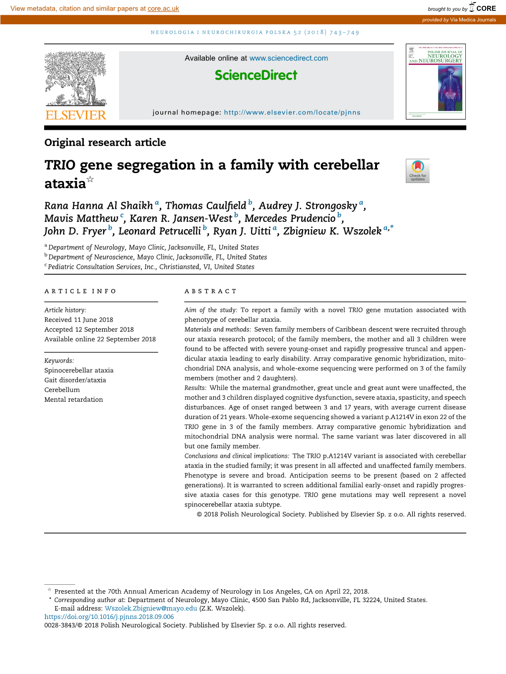 TRIO Gene Segregation in a Family with Cerebellar Ataxia