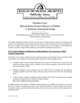 Researching Former Mayors of Dallas a Selected Annotated Guide