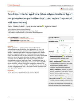 Hurler Syndrome (Mucopolysaccharidosis Type 1) in a Young Female Patient [Version 1; Peer Review: 3 Approved with Reservations]