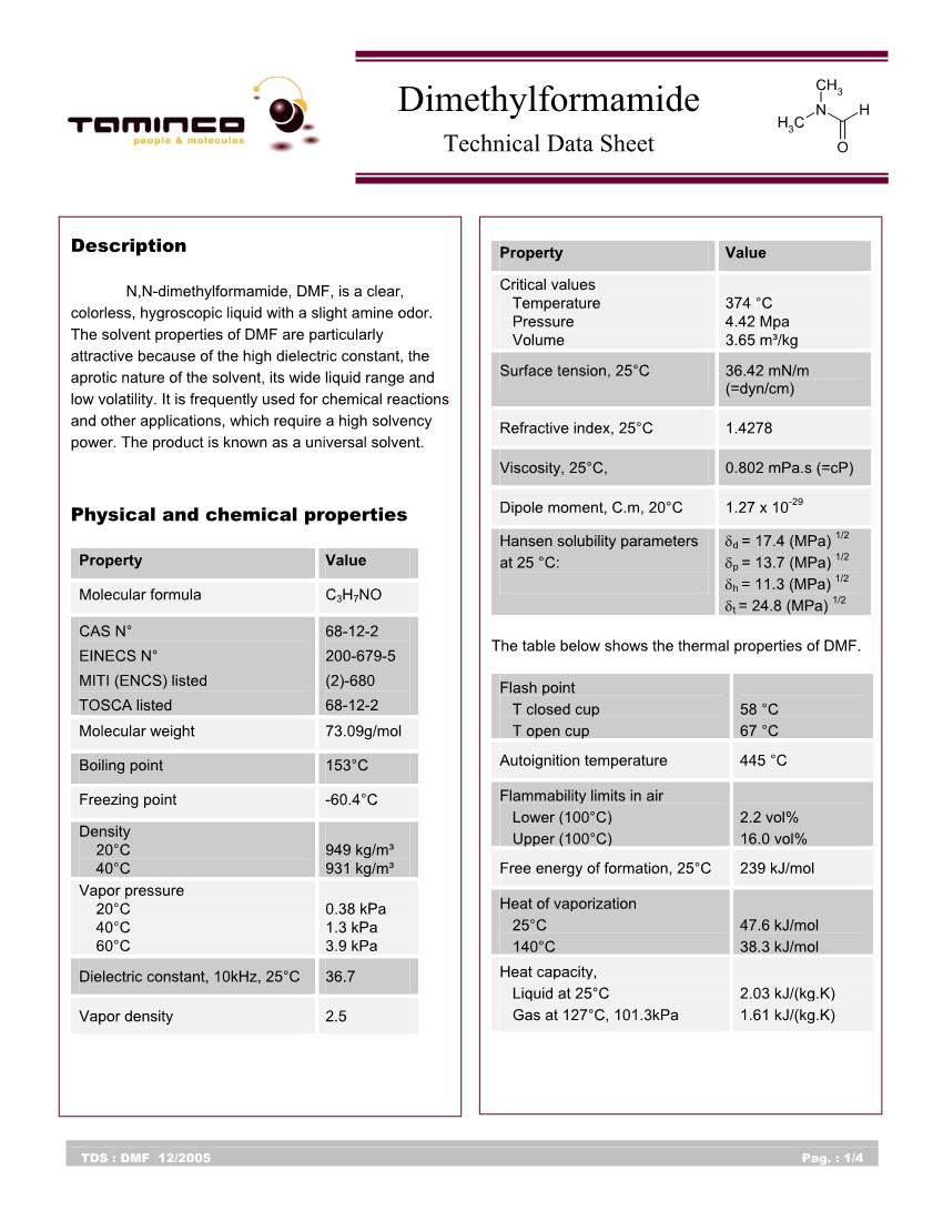 Dimethylformamide N H 3CH Technical Data Sheet O