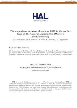 The Anomalous Warming of Summer 2003 in the Surface Layer of the Central Ligurian Sea (Western Mediterranean) S