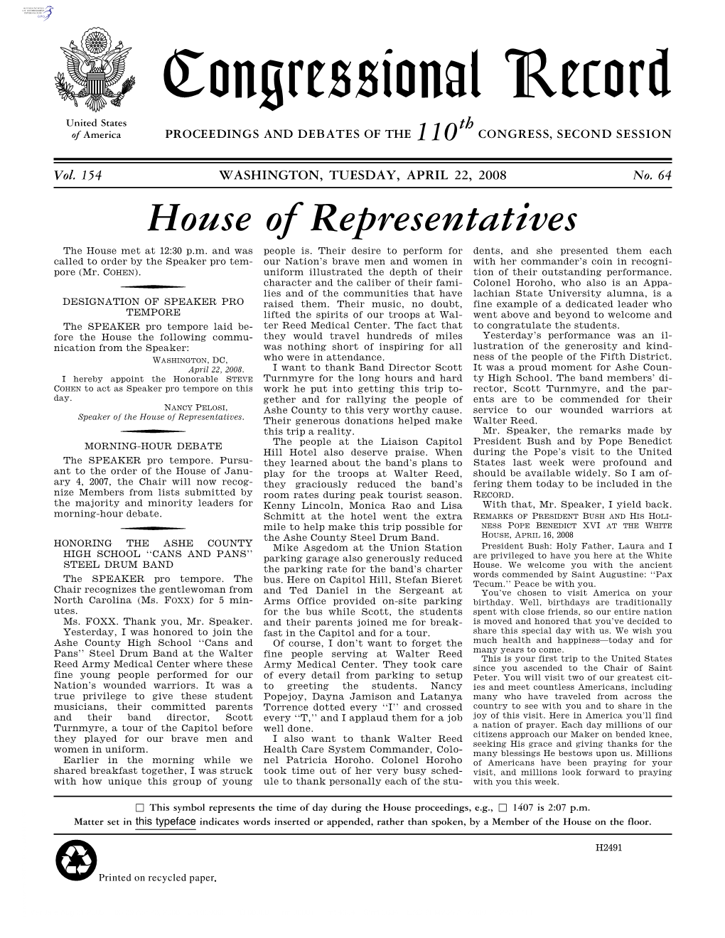 Congressional Record United States Th of America PROCEEDINGS and DEBATES of the 110 CONGRESS, SECOND SESSION