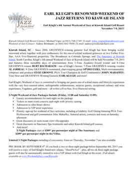 Earl Klugh's Renowned Weekend of Jazz Returns to Kiawah Island