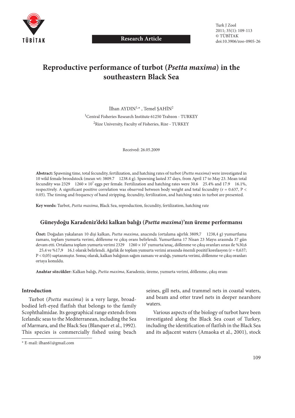Reproductive Performance of Turbot (Psetta Maxima) in the Southeastern Black Sea