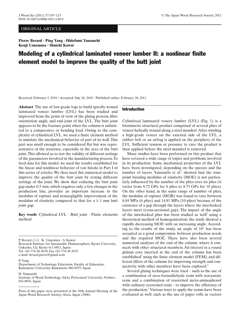 Modeling of a Cylindrical Laminated Veneer Lumber II: a Nonlinear Finite