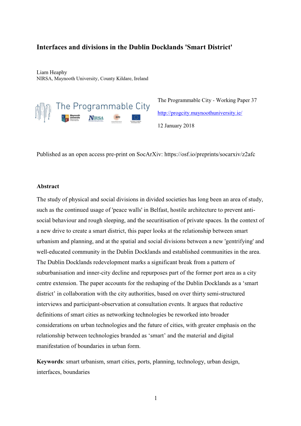 Interfaces and Divisions in the Dublin Docklands 'Smart District'