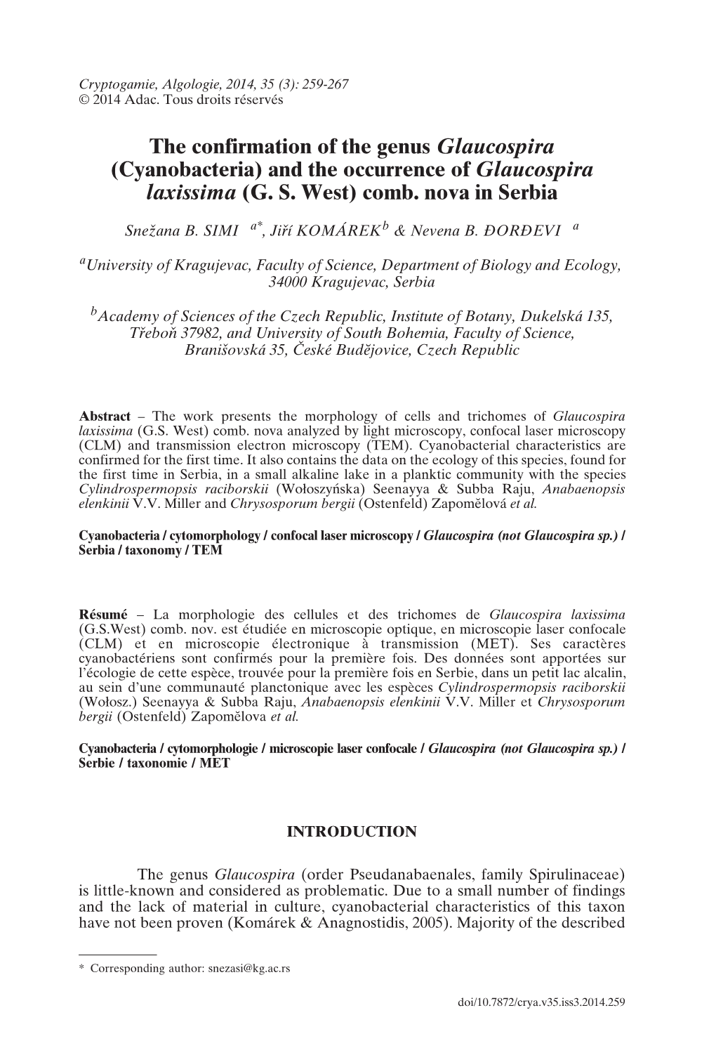 Cyanobacteria) and the Occurrence of Glaucospira Laxissima (GS West