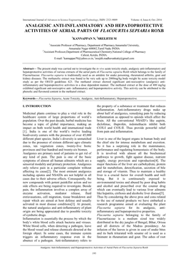 Analgesic Anti-Inflammatory and Hepatoprotective Activities of Aerial Parts of Flacourtia Sepiaria Roxb