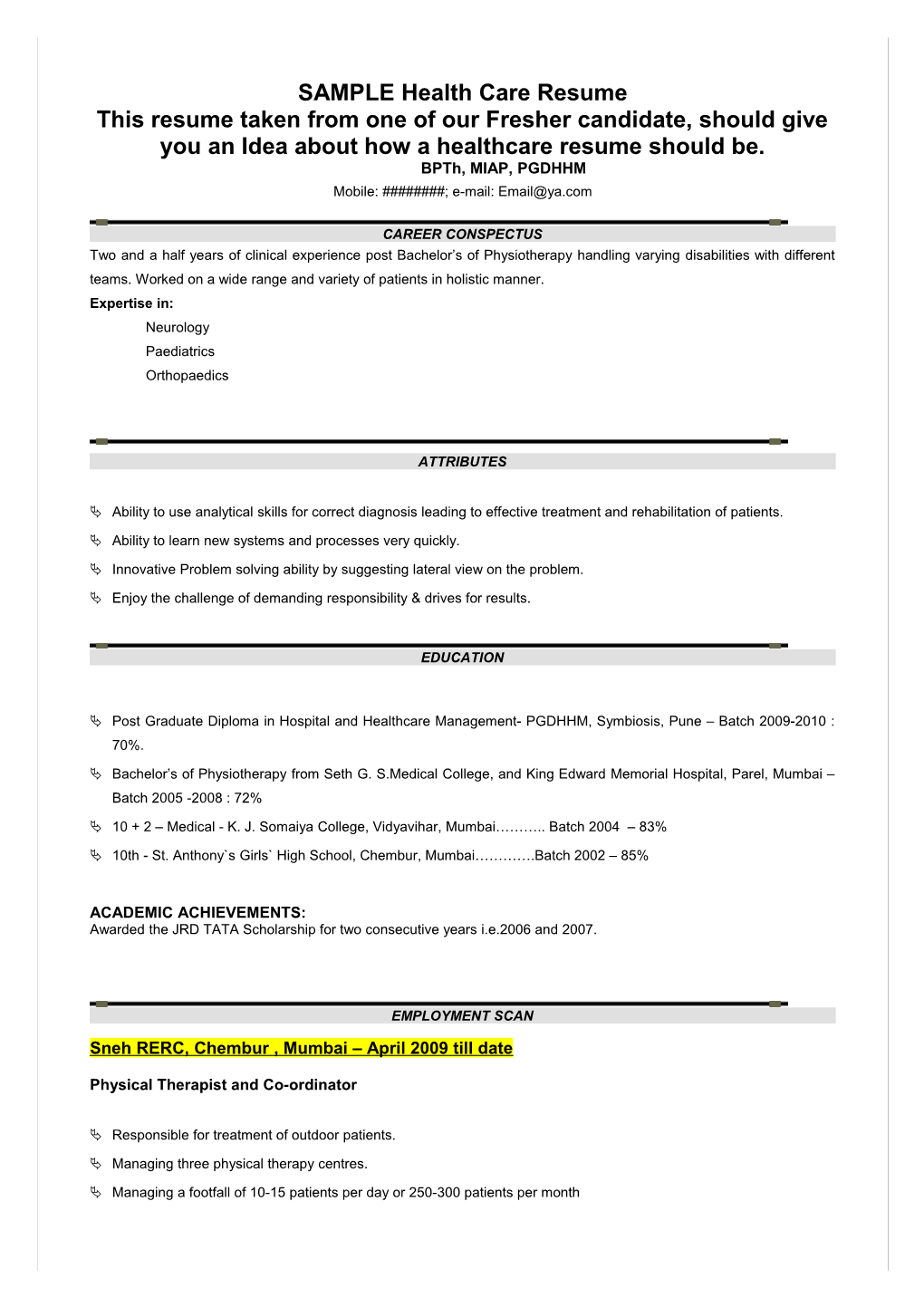 SAMPLE Health Care Resume