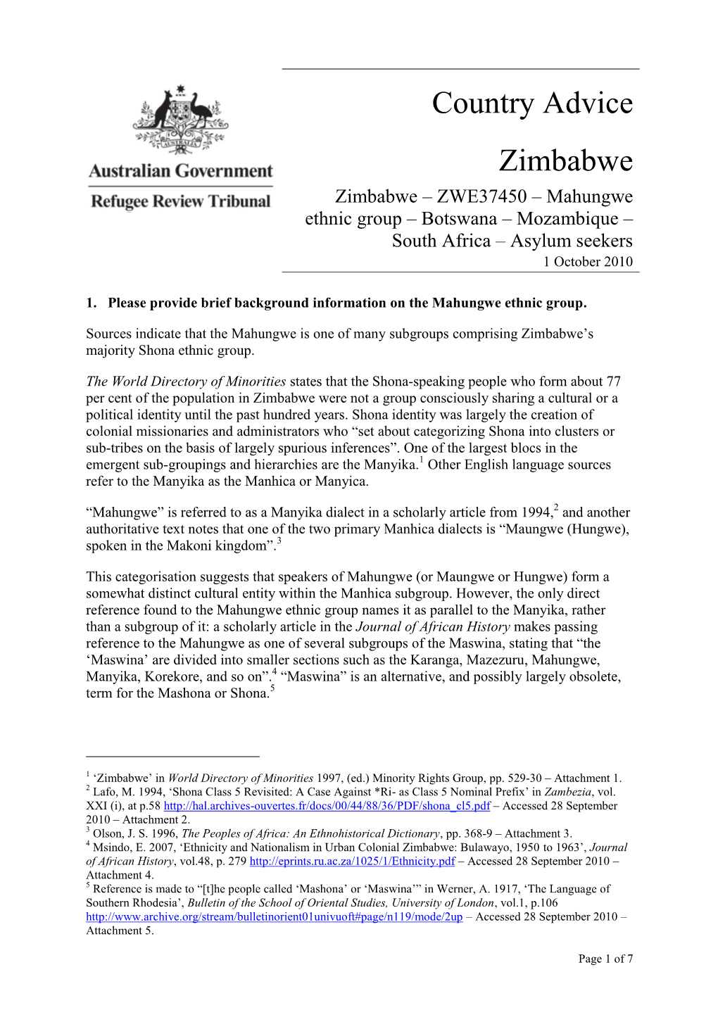 Country Advice Zimbabwe Zimbabwe – ZWE37450 – Mahungwe