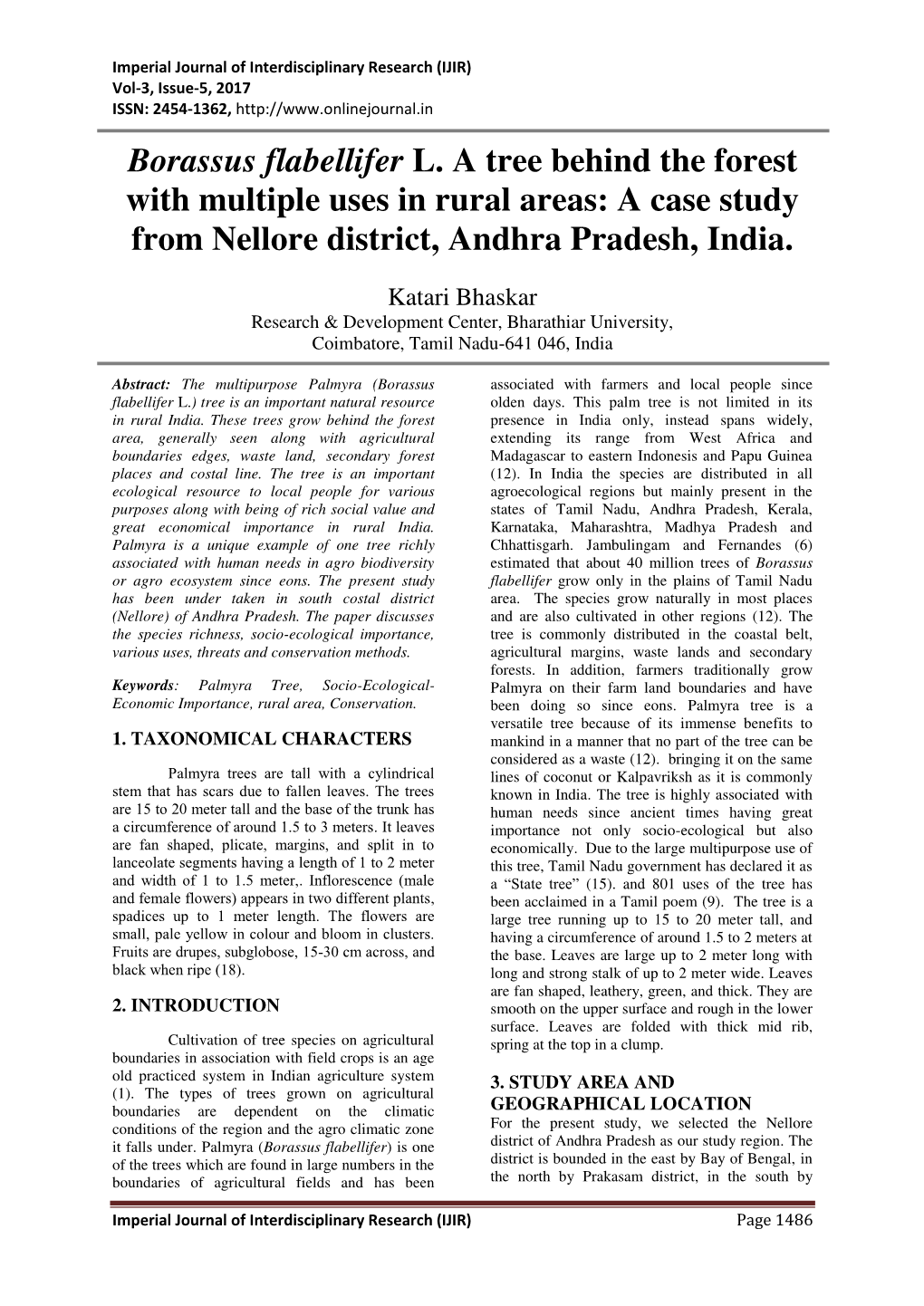 Borassus Flabellifer L. a Tree Behind the Forest with Multiple Uses in Rural Areas: a Case Study from Nellore District, Andhra Pradesh, India