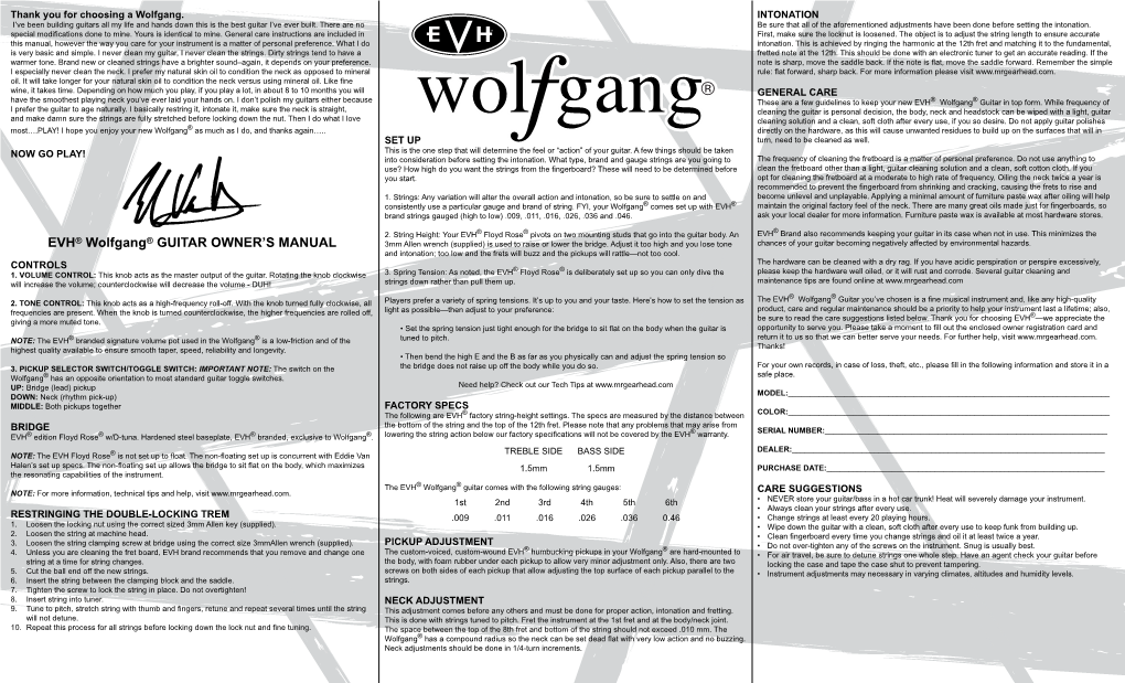 EVH® Wolfgang® GUITAR OWNER's MANUAL