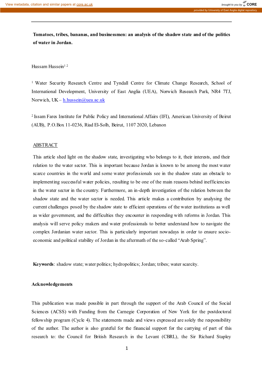 Tomatoes, Tribes, Bananas, and Businessmen: an Analysis of the Shadow State and of the Politics of Water in Jordan