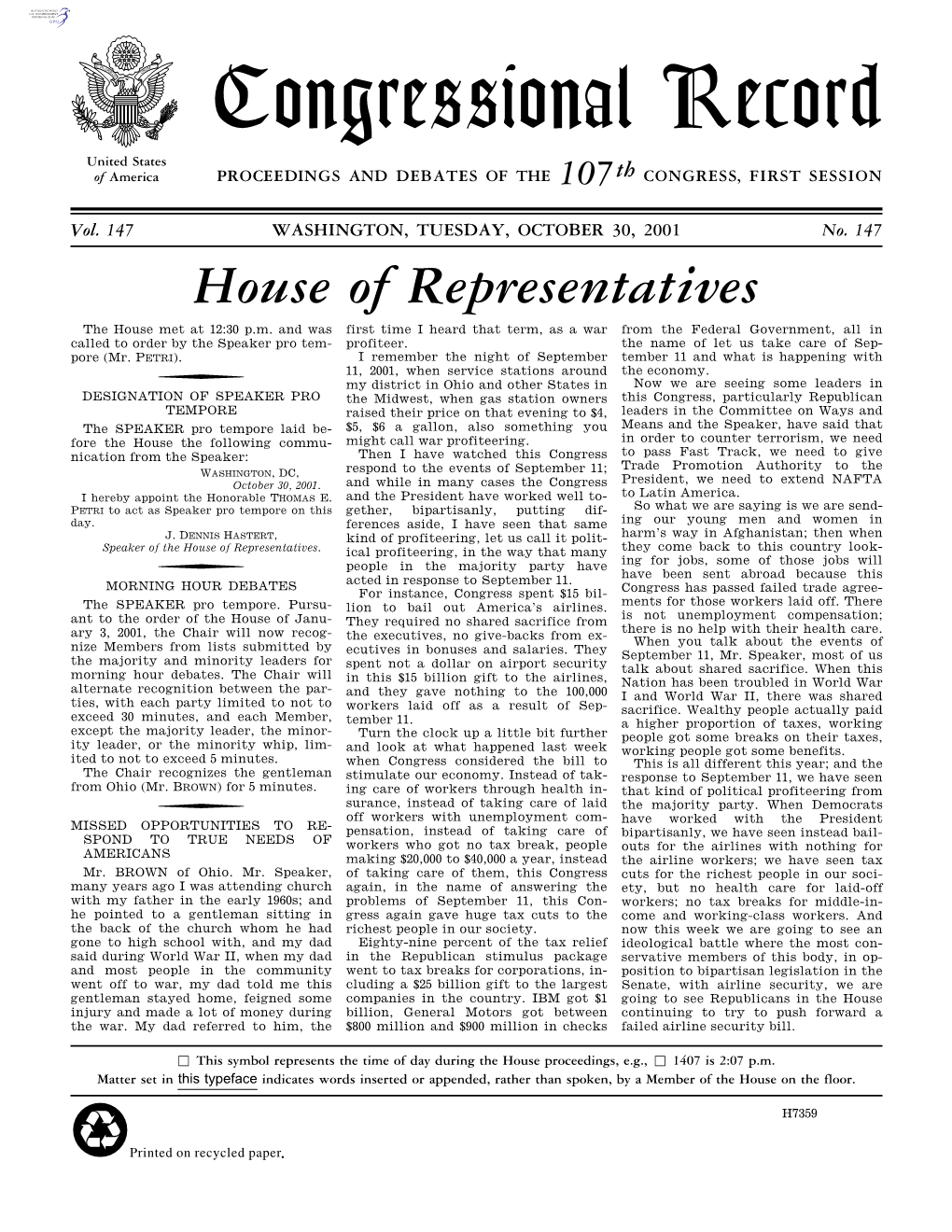 Congressional Record United States of America PROCEEDINGS and DEBATES of the 107Th CONGRESS, FIRST SESSION