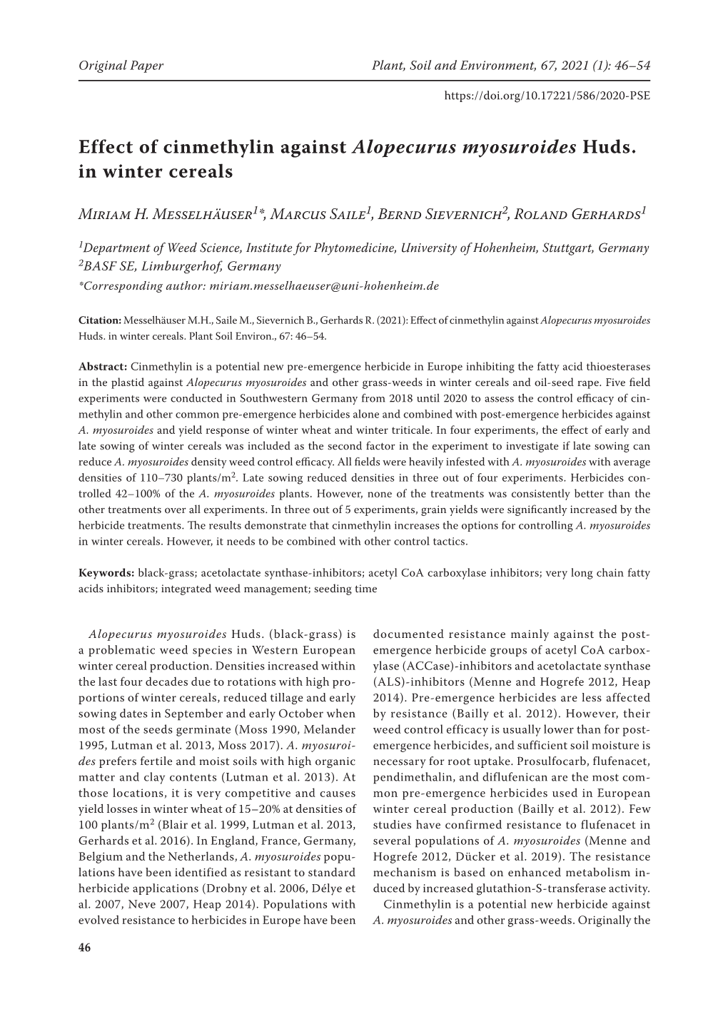 Effect of Cinmethylin Against Alopecurus Myosuroides Huds. in Winter Cereals