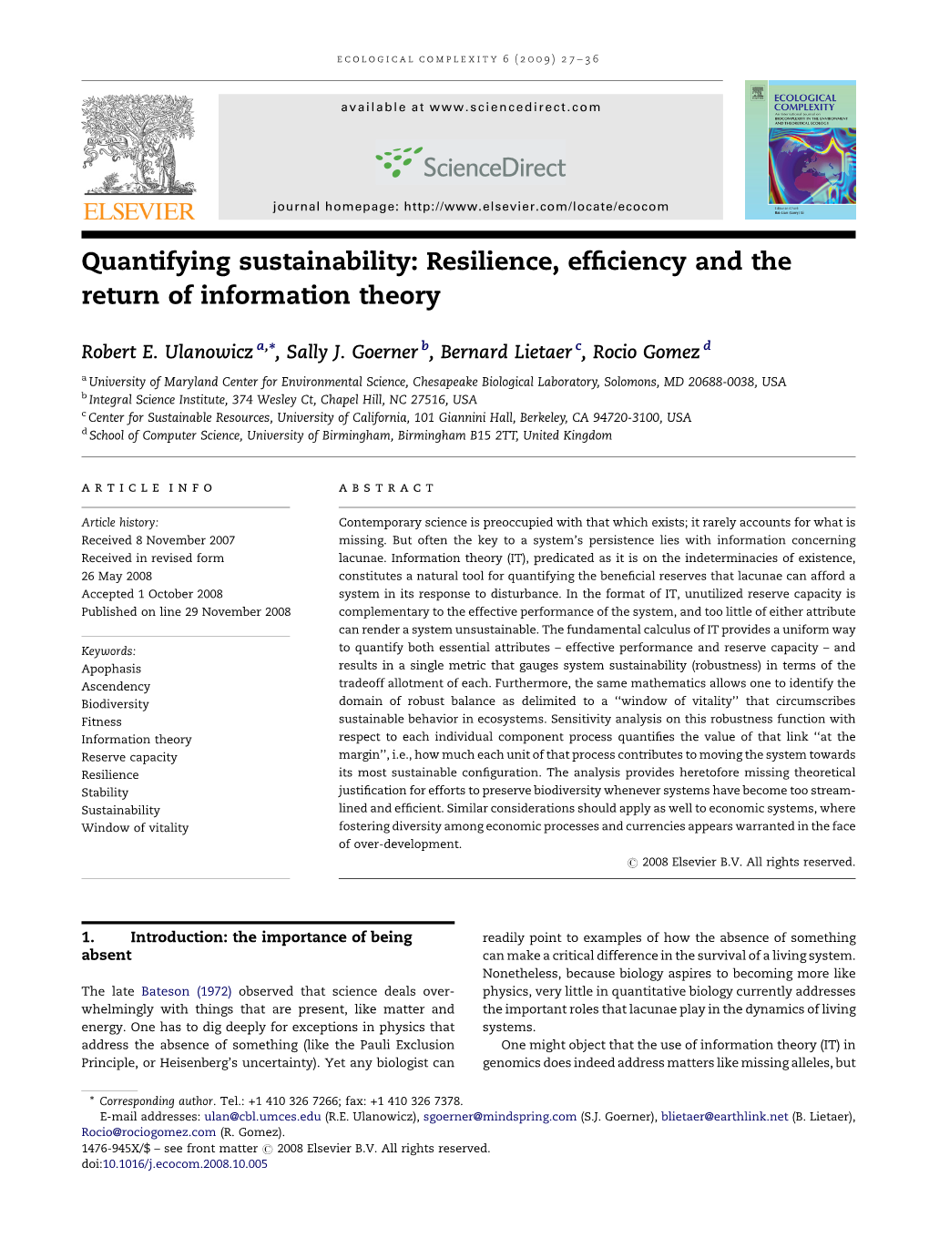 Quantifying Sustainability: Resilience, Efficiency and the Return Of