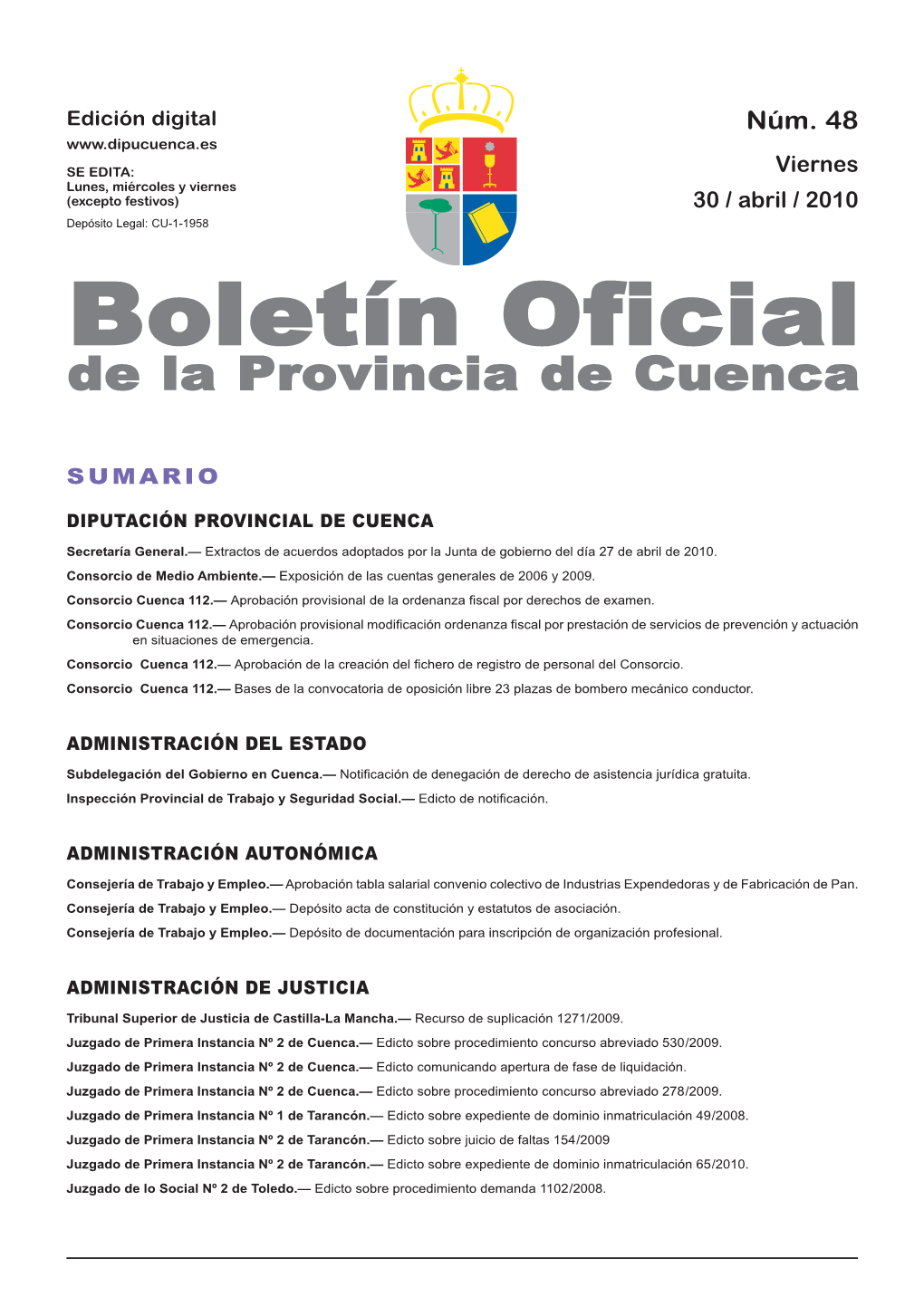 Boletín Oficial De La Provincia De Cuenca Sumario Diputación Provincial De Cuenca