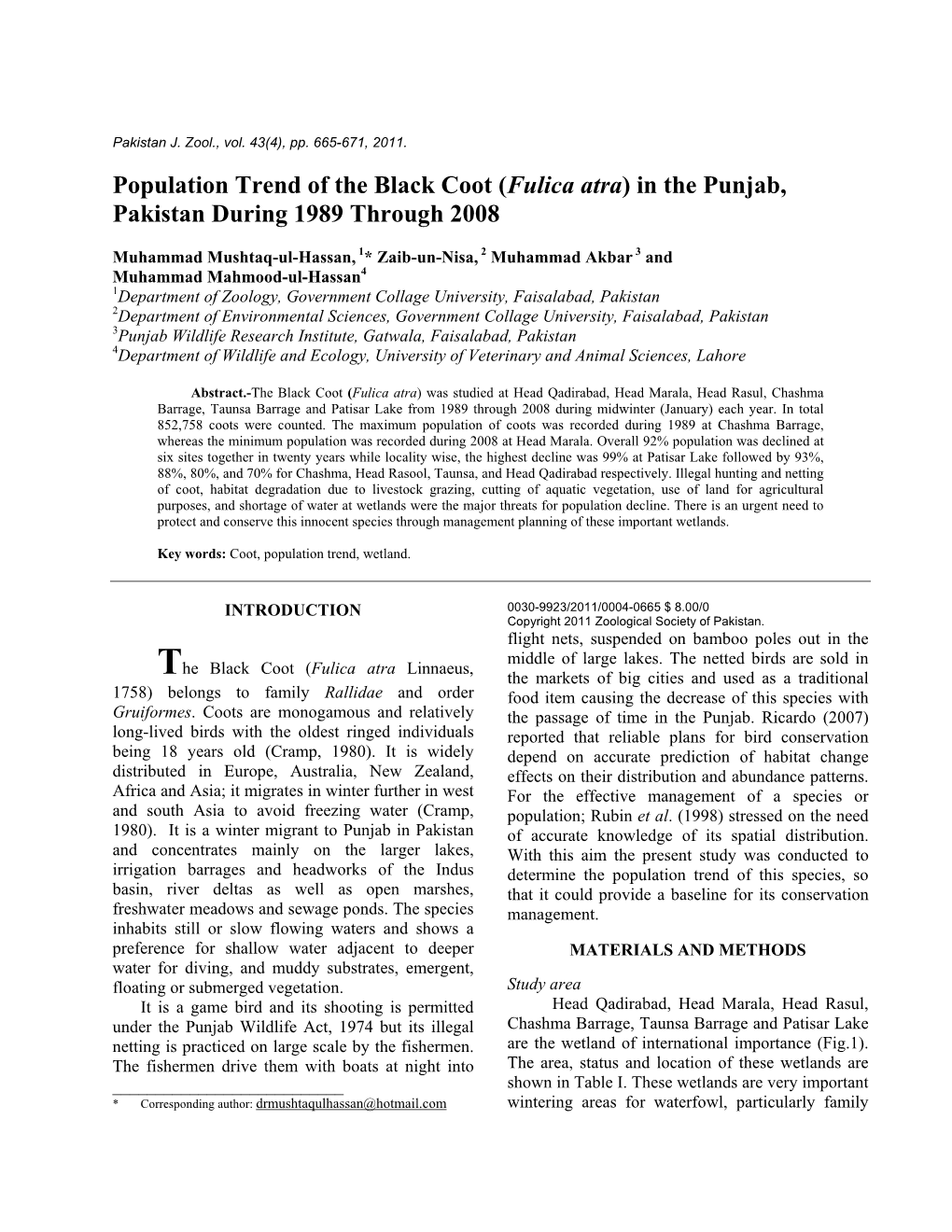 Population Trend of the Black Coot (Fulica Atra) in the Punjab, Pakistan During 1989 Through 2008