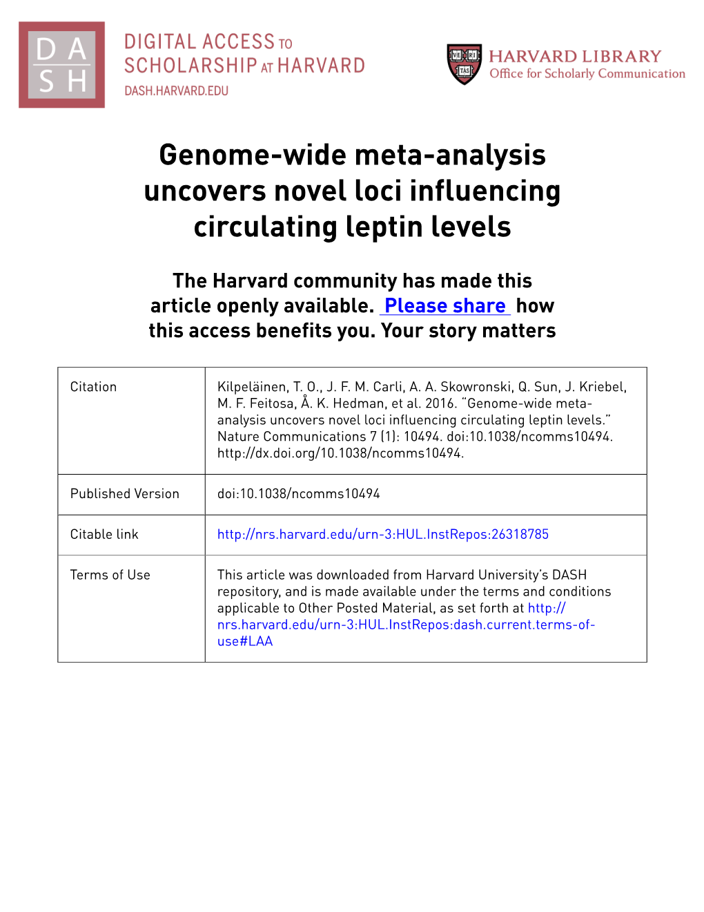 Genome-Wide Meta-Analysis Uncovers Novel Loci Influencing Circulating Leptin Levels