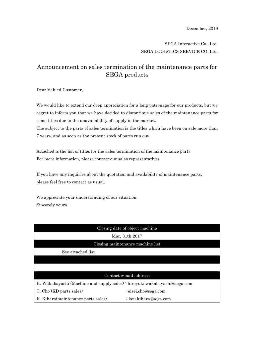 Announcement on Sales Termination of the Maintenance Parts for SEGA Products