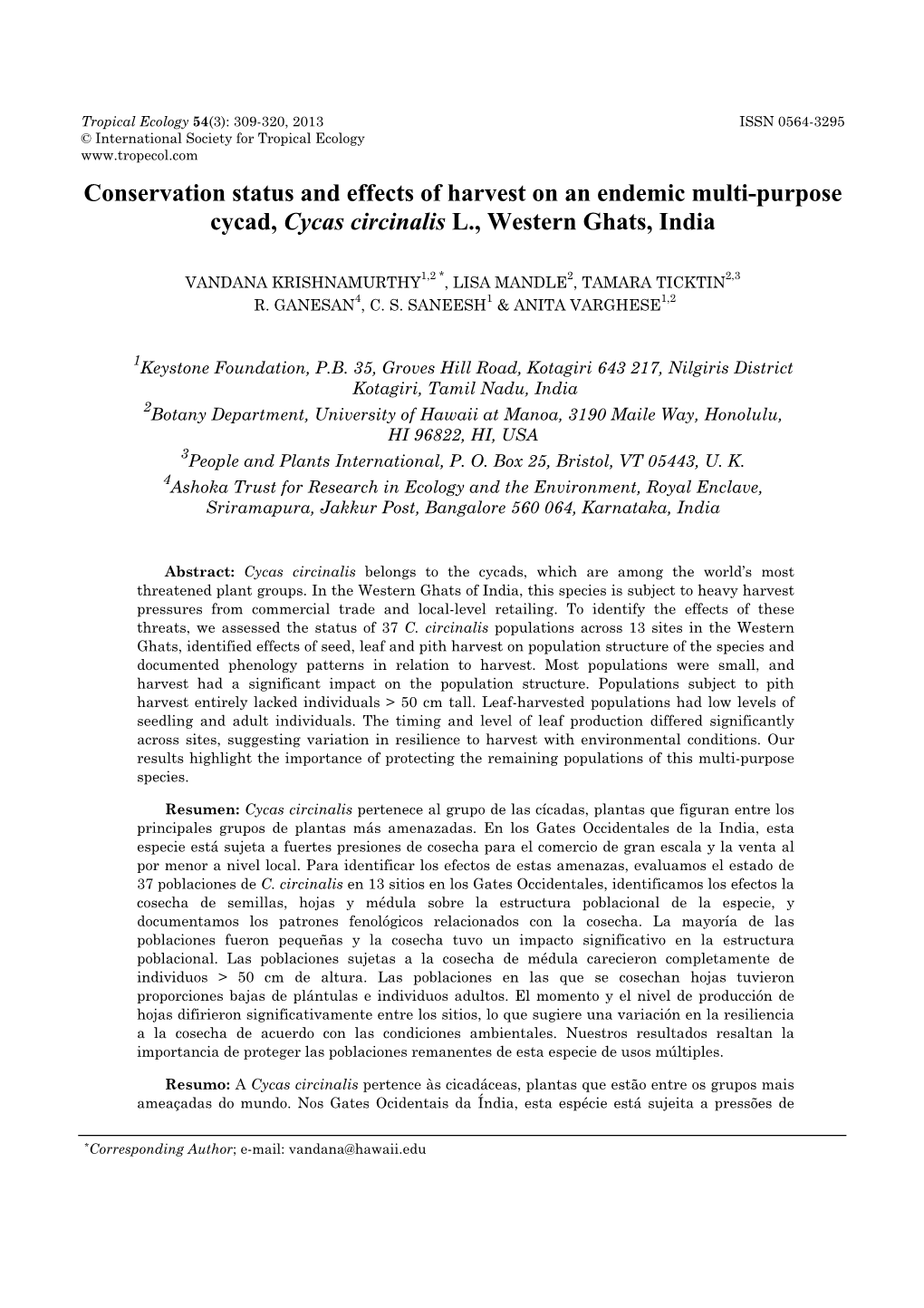 Conservation Status and Effects of Harvest on an Endemic Multi-Purpose Cycad, Cycas Circinalis L., Western Ghats, India