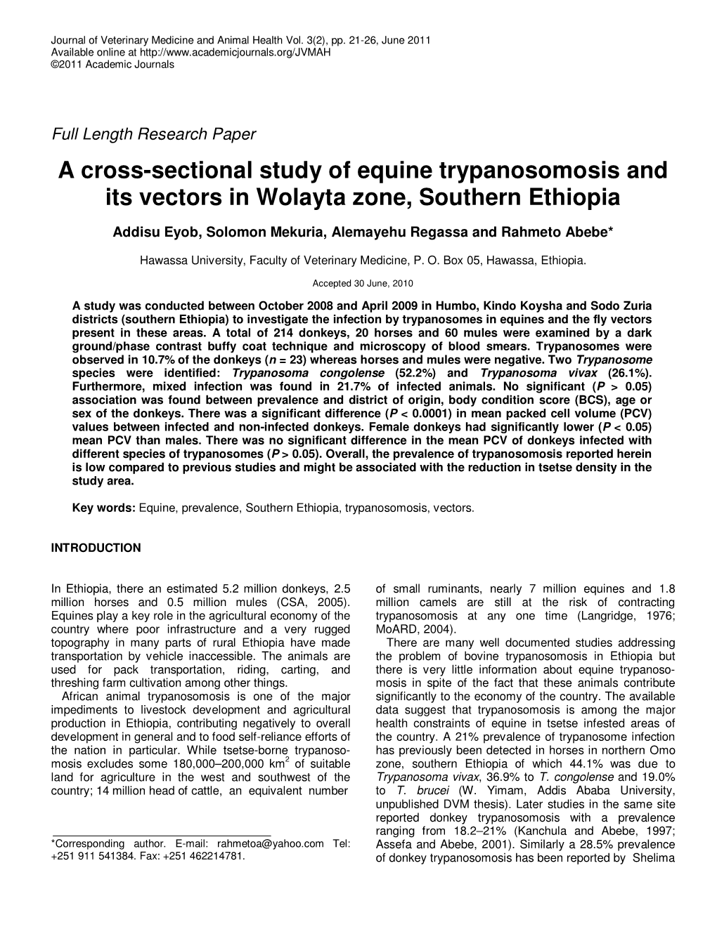 A Cross-Sectional Study of Equine Trypanosomosis and Its Vectors in Wolayta Zone, Southern Ethiopia